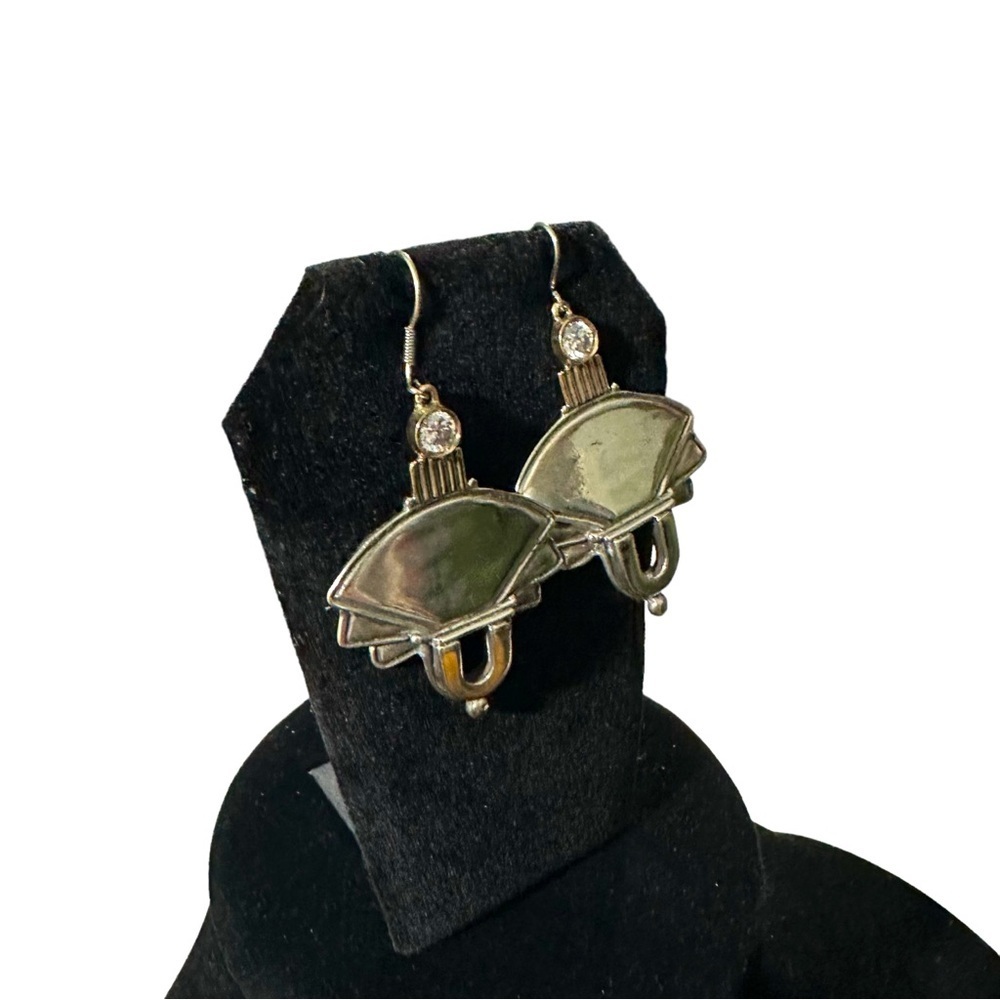 Vtg Unusual Mod Fan Shaped Earrings Mixed 925 & 14k Gold Bezel Clear Quartz 15g